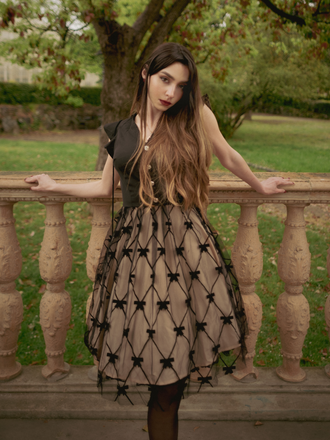 Black 1950s V-Neck Bow Mesh Dress