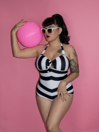 Black & White 1950s Barbie Stripes Halter Swimsuit
