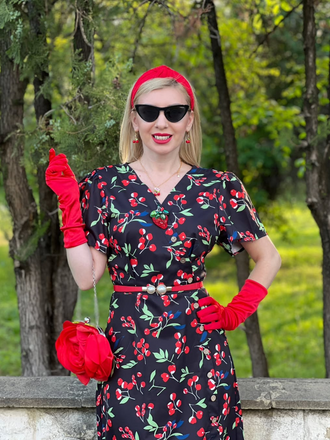 Black 1940s Cherry V-Neck Added Button Dress