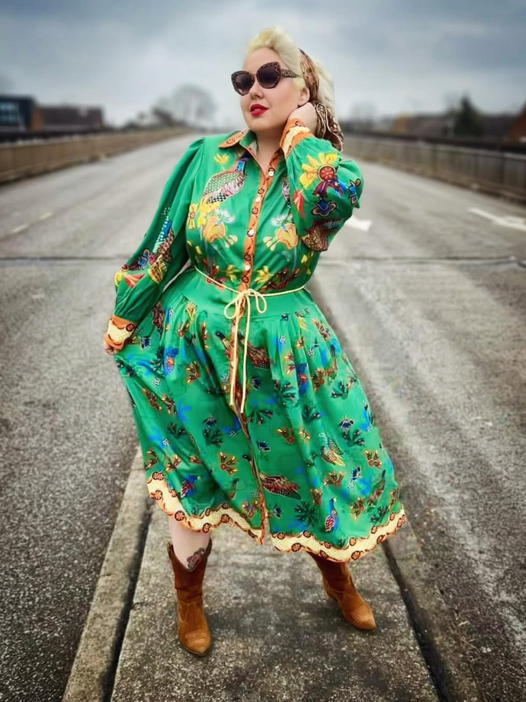 Green 1940s Peacock Lantern Sleeve Shirt Dress