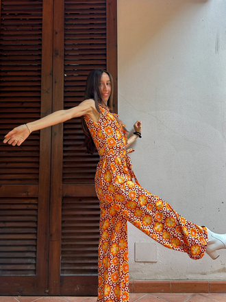 1970s V-Neck Floral Belted Sleeveless Jumpsuit