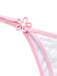Detail of the pink side-tie strap on the bikini bottom featuring a small decorative flower charm.