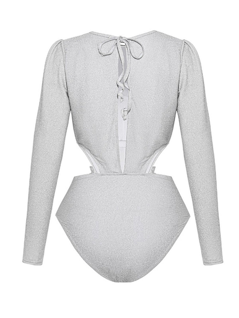 Back view of the silver shimmer bodysuit highlighting the elegant lace-up tie closure and open-back design.