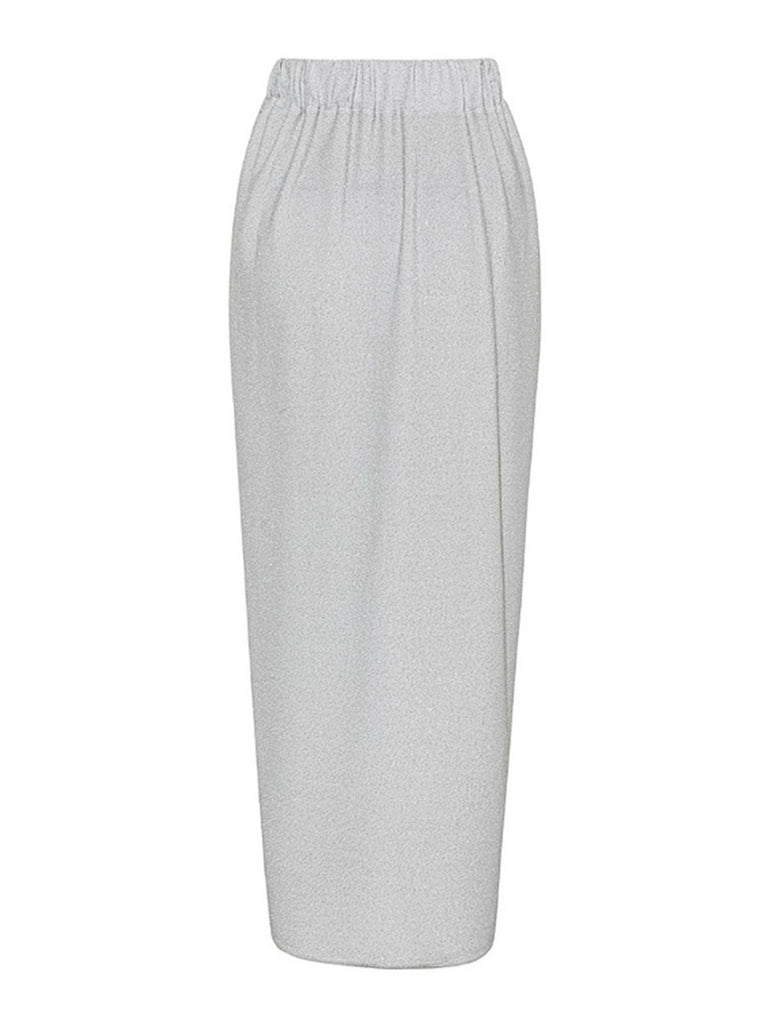 Back view of the shimmering silver high-waisted maxi skirt on a clean white background.