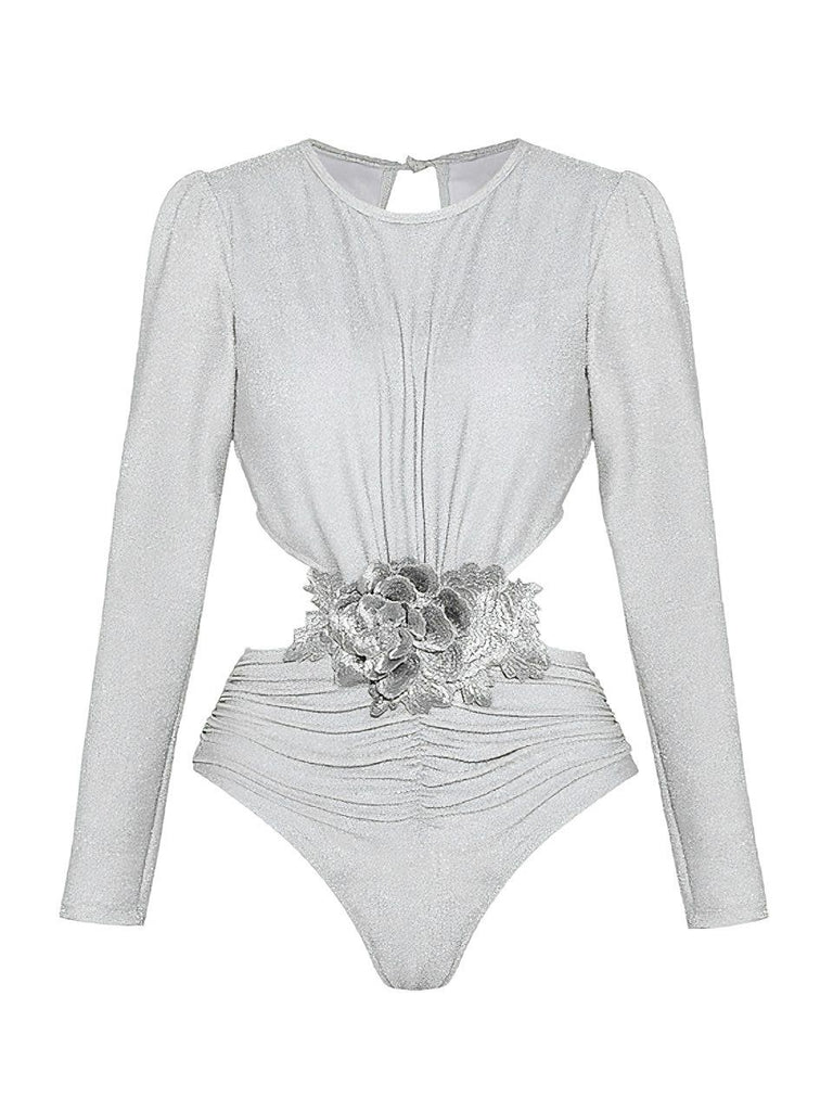 Front view of the silver shimmer long-sleeve bodysuit showing the waist cut-out and sophisticated pleated detailing.