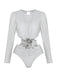 Front view of the silver shimmer long-sleeve bodysuit showing the waist cut-out and sophisticated pleated detailing.