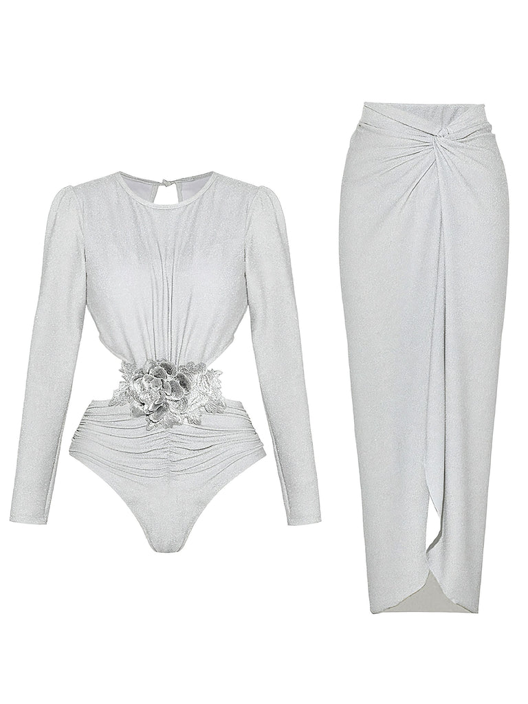 Flat lay view of the silver shimmer bodysuit and the matching high-waisted long skirt laid out separately.