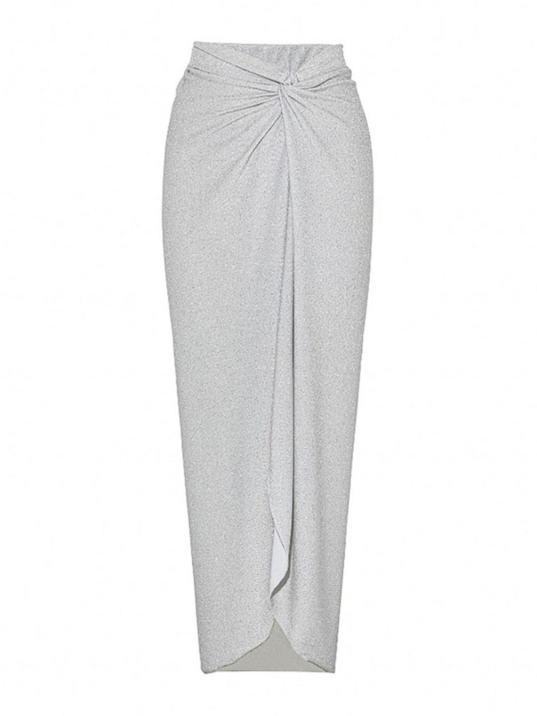 Front view of the silver shimmer long skirt featuring a high-waisted draped design and a front slit.