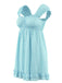 Side profile of the light blue eyelet dress showcasing the smocked chest and ruffled shoulder straps.