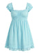 A sky blue sleeveless mini dress featuring all-over eyelet lace detailing, a smocked bodice with a ruffled square neckline, and a flared hem.