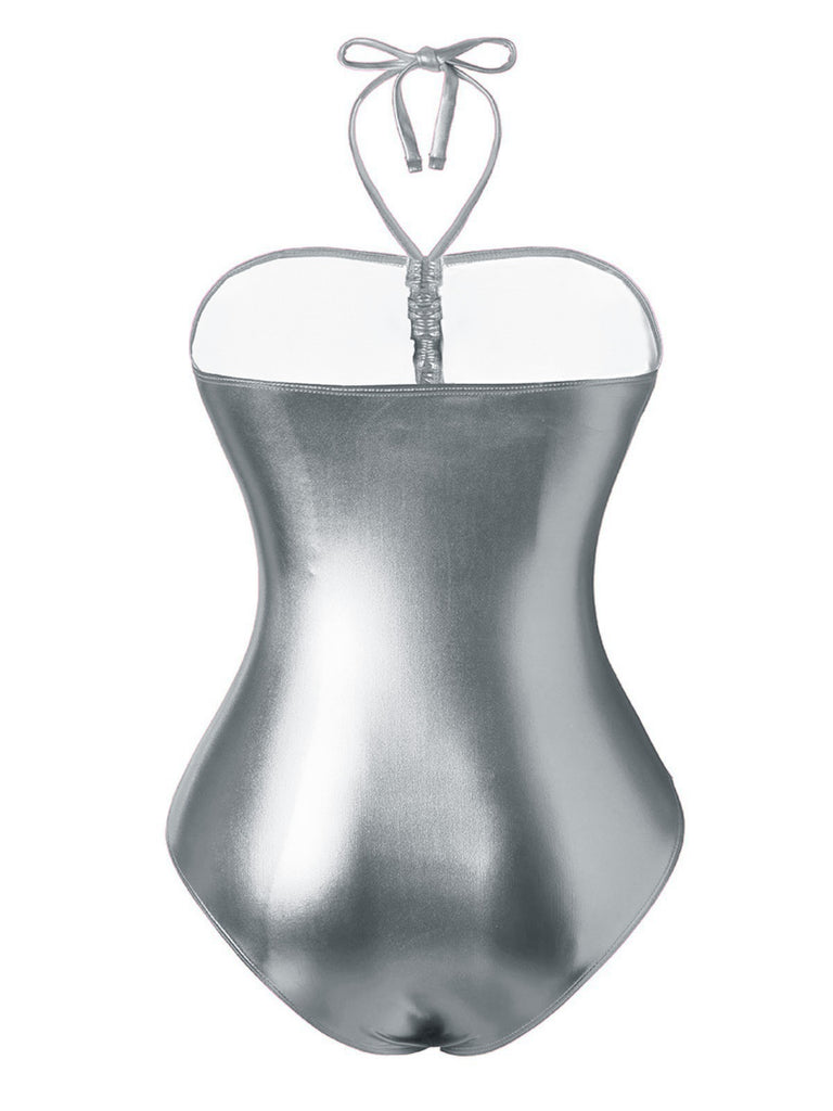 Silver metallic swimsuit on a white background