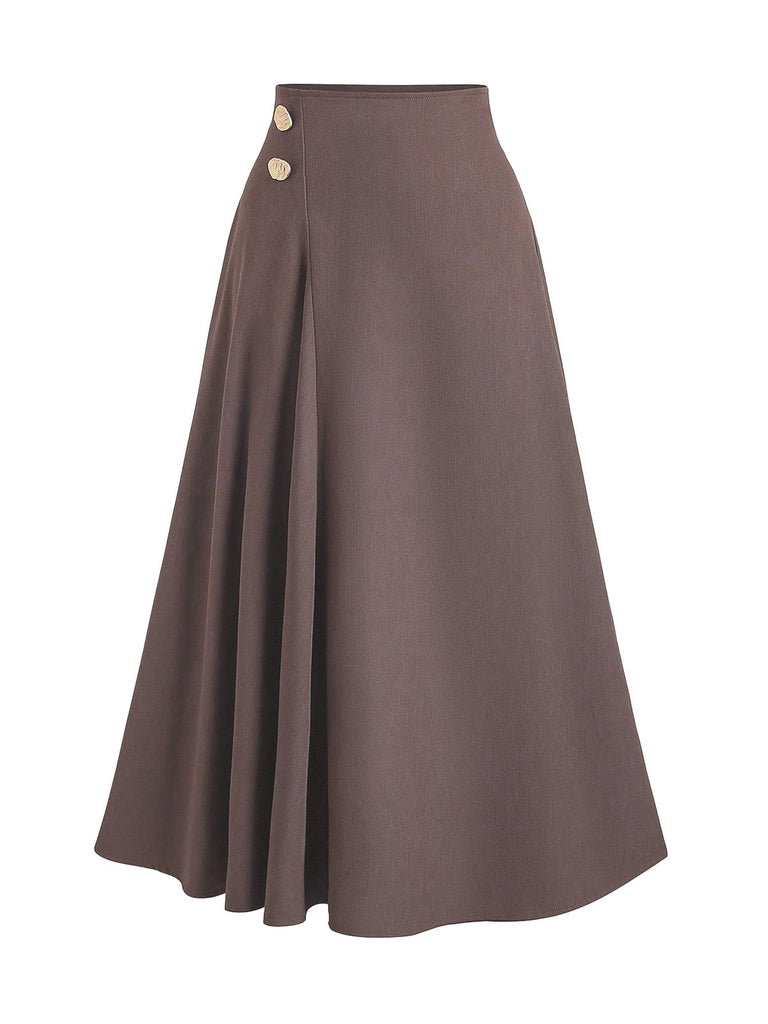 Front view of a taupe-colored A-line midi skirt featuring a high waist and decorative gold buttons on the side.