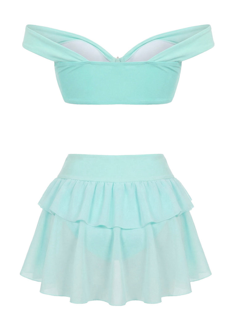 Mint green two-piece Bikini Set with a top and ruffled skirt on a white background