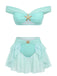 Retro 1970s teal off-shoulder bikini featuring princess-inspired ruffled details and boho design, ideal for summer beach trips and resort wear