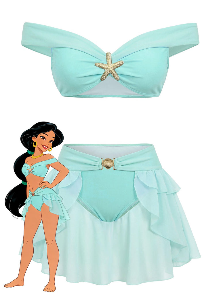 Vintage teal bikini set with off-shoulder ruffled top inspired by Princess Jasmine in 1970s boho style, perfect for beach vacations and poolside lounging