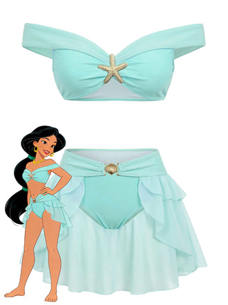 Vintage teal bikini set with off-shoulder ruffled top inspired by Princess Jasmine in 1970s boho style, perfect for beach vacations and poolside lounging
