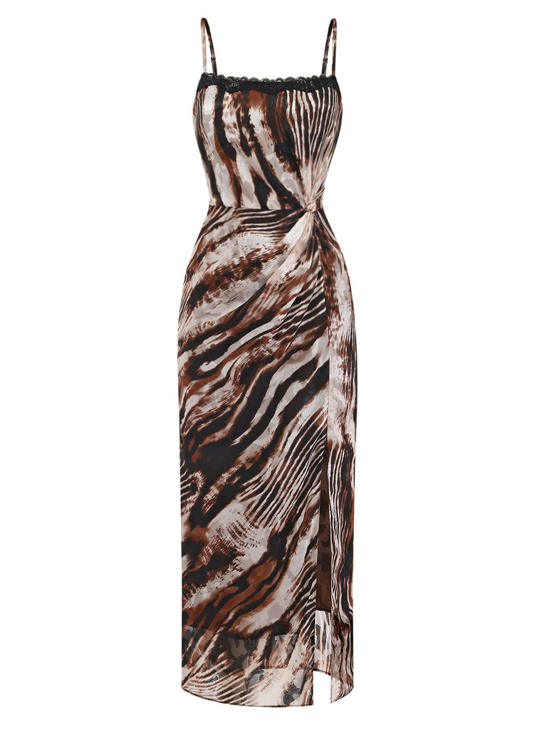 Front view of the animal print midi dress showing the sleek silhouette and spaghetti straps.