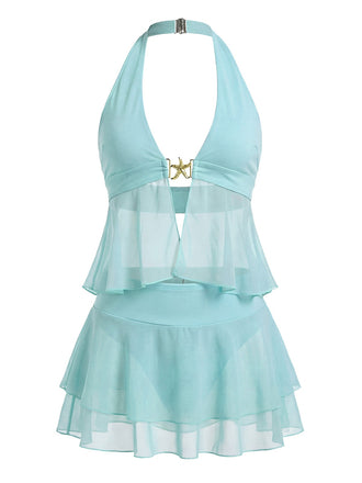 Turquoise 1950s starfish halter swimsuit with elegant ruffle mesh trim, perfect for a vintage-inspired beach day or tropical poolside vacation.