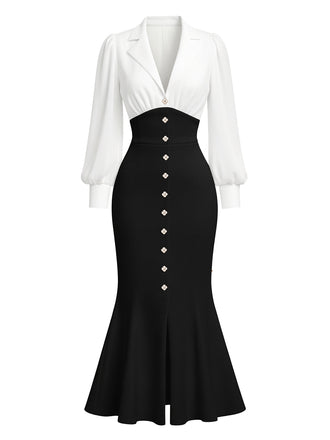 A sophisticated two-tone midi dress featuring a white long-sleeve blouse-style top with a notched lapel and a high-waisted black mermaid skirt accented with decorative gold buttons.
