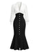 A sophisticated two-tone midi dress featuring a white long-sleeve blouse-style top with a notched lapel and a high-waisted black mermaid skirt accented with decorative gold buttons.