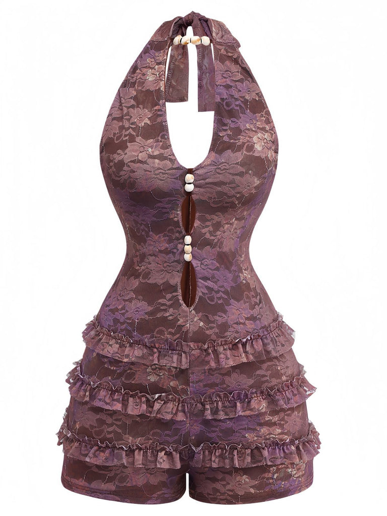 Front view of the purple lace romper highlighting the body-con silhouette, halter neckline, and playful tiered ruffles.