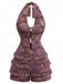 Front view of the purple lace romper highlighting the body-con silhouette, halter neckline, and playful tiered ruffles.