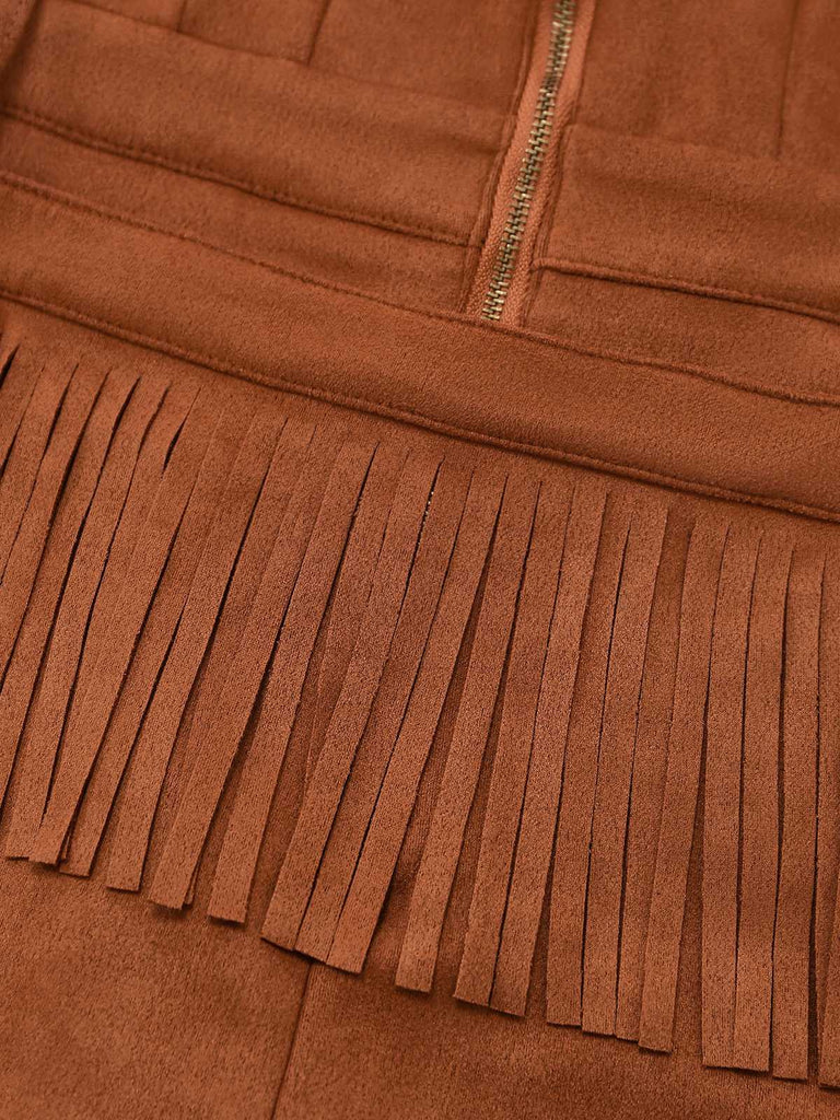 Close-up of the textured fringe overlay and side pocket opening on the brown suede-style fabric.