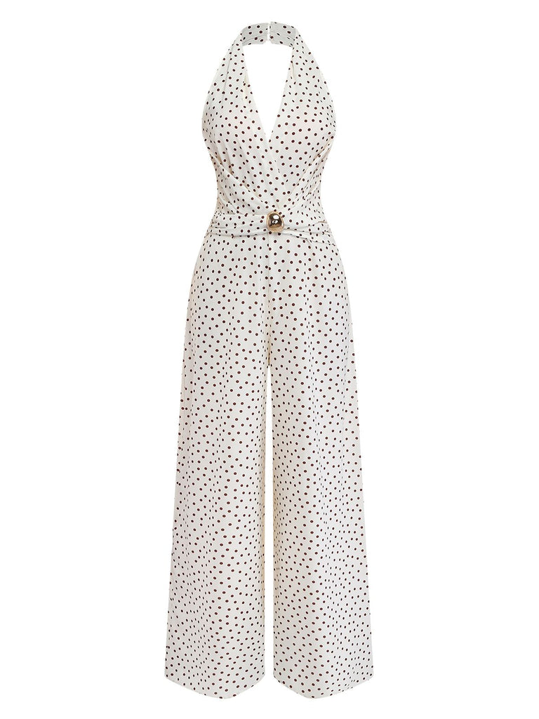 Classic white polka dot halter jumpsuit featuring 1930s styling with plunging V-neck and gathered waist for vintage-inspired events
