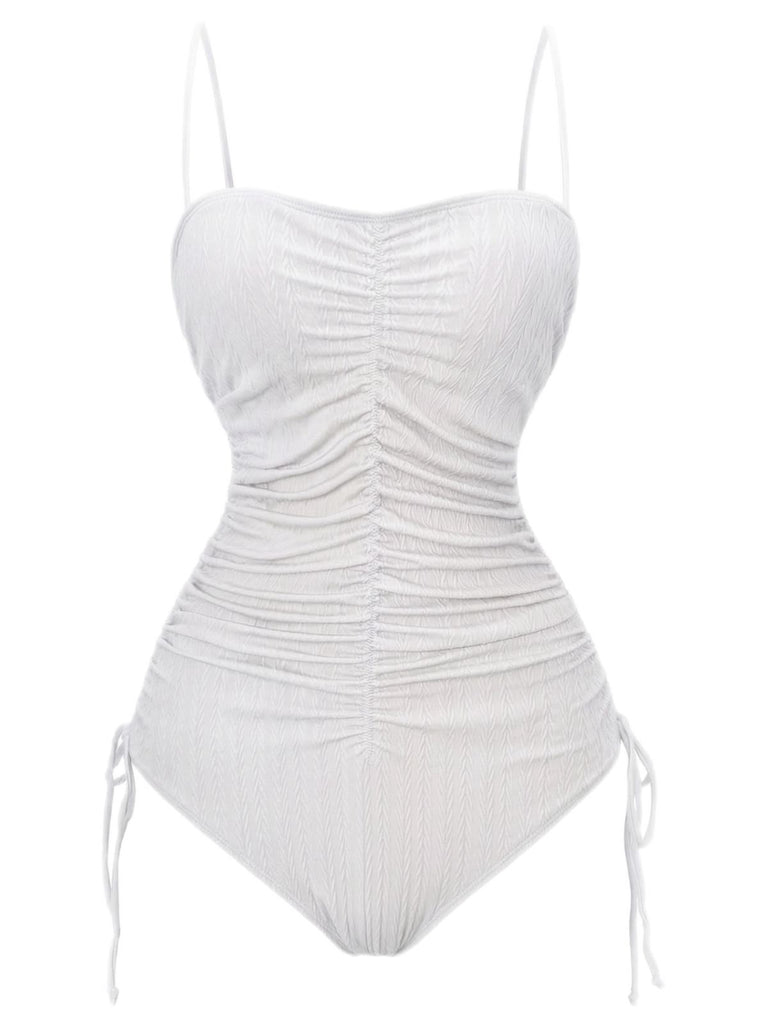 White ruched swimsuit on a white background