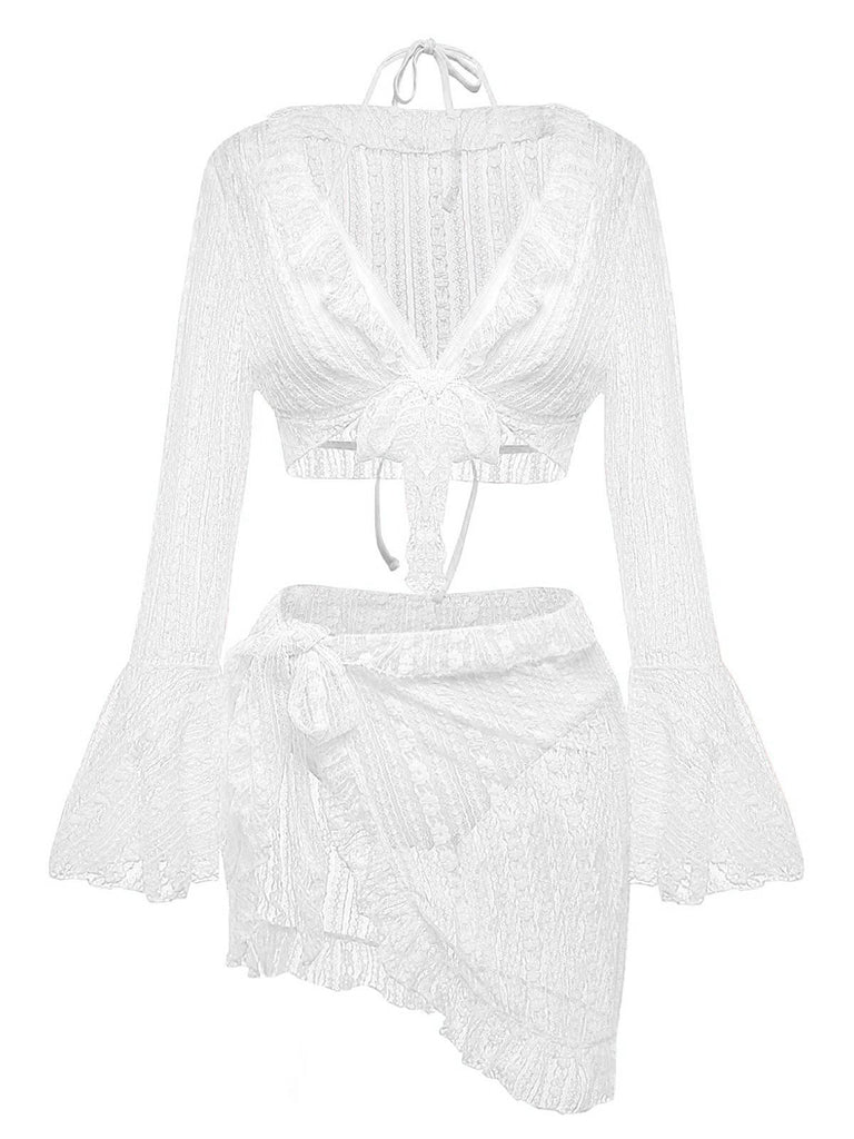 The 3-piece lace swimwear set shown in crisp white, perfect for a boho beach look.