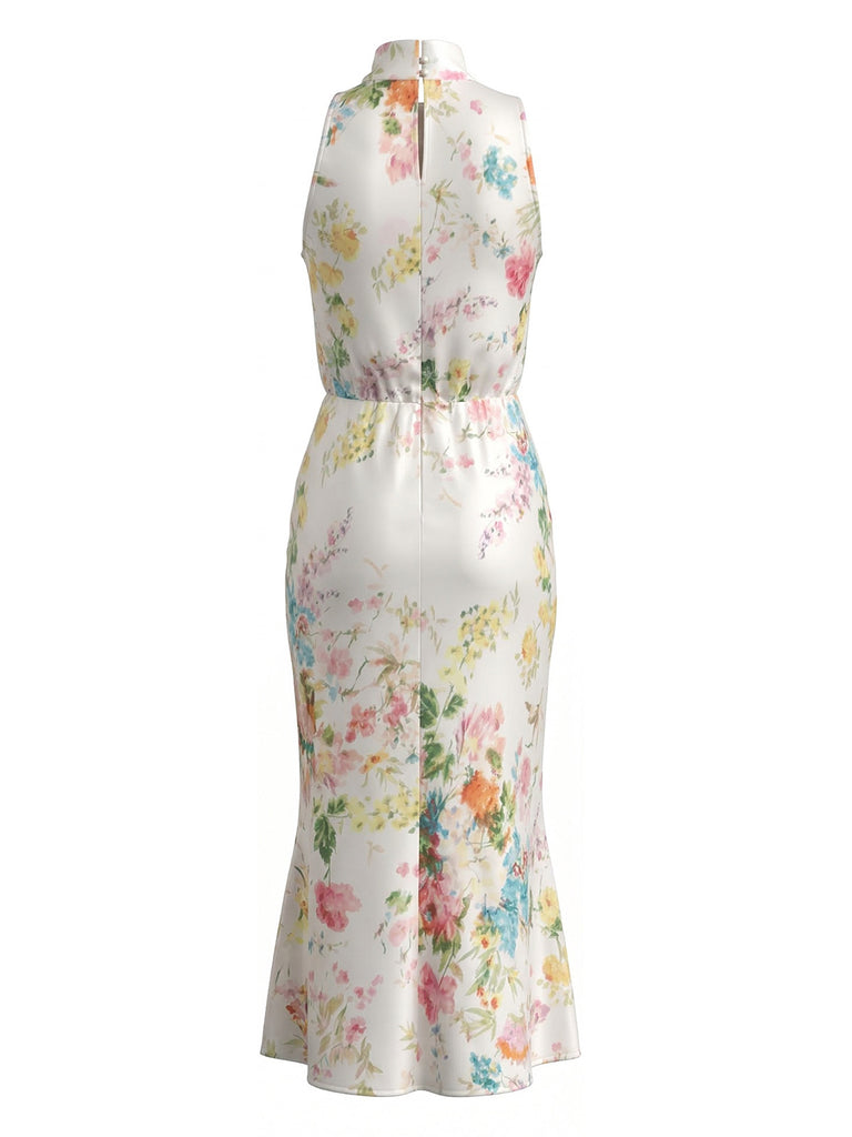 Back view of the floral high-neck midi dress showing the sleek fit and pattern.