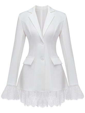 A crisp white tailored blazer dress featuring a notched lapel and delicate lace trim along the cuffs and hem.