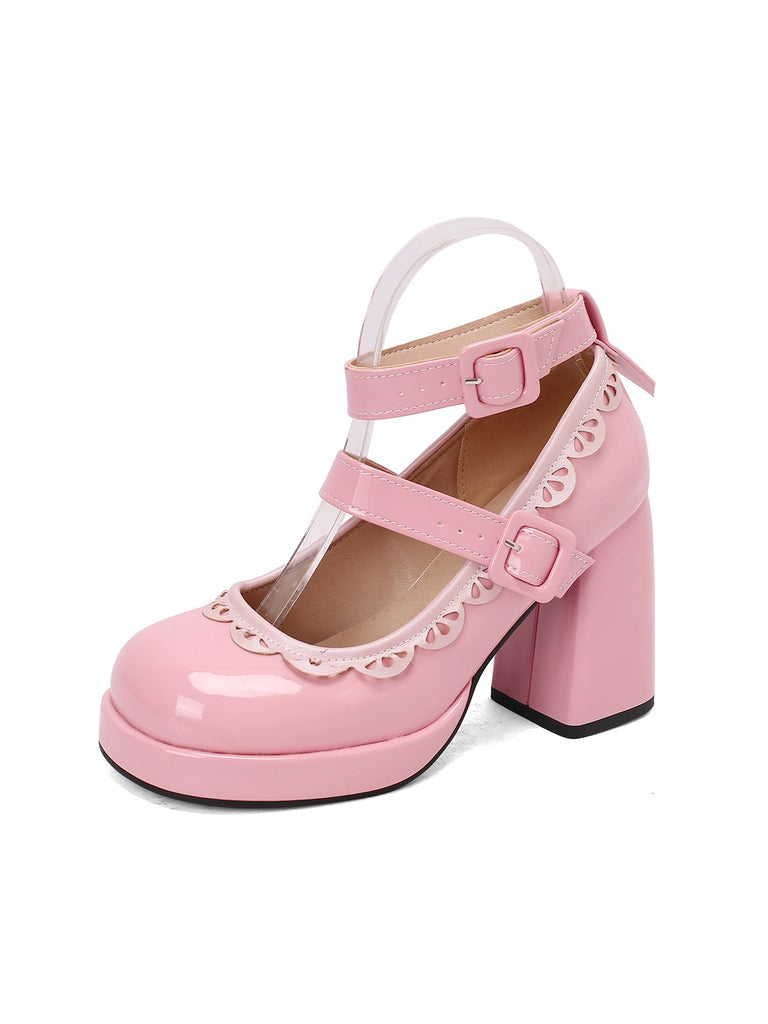 Vintage Lace Patent Leather Chunky Heels