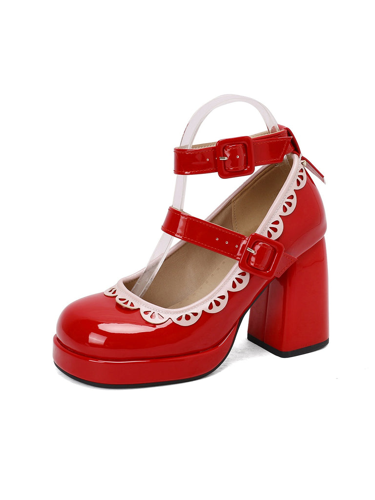 Vintage Lace Patent Leather Chunky Heels