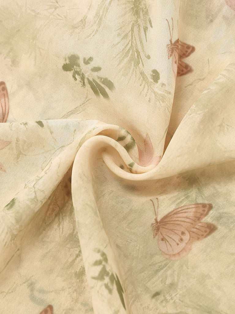 Yellow 1930s Butterfly Flutter Sleeve Chiffon Dress-closeup