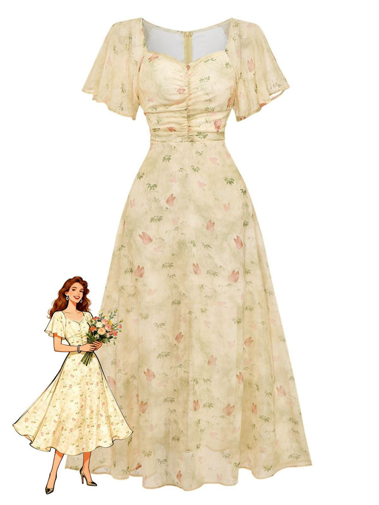 Elegant yellow 1930s vintage chiffon dress with delicate butterfly print and flutter sleeves, perfect for garden parties and summer occasions