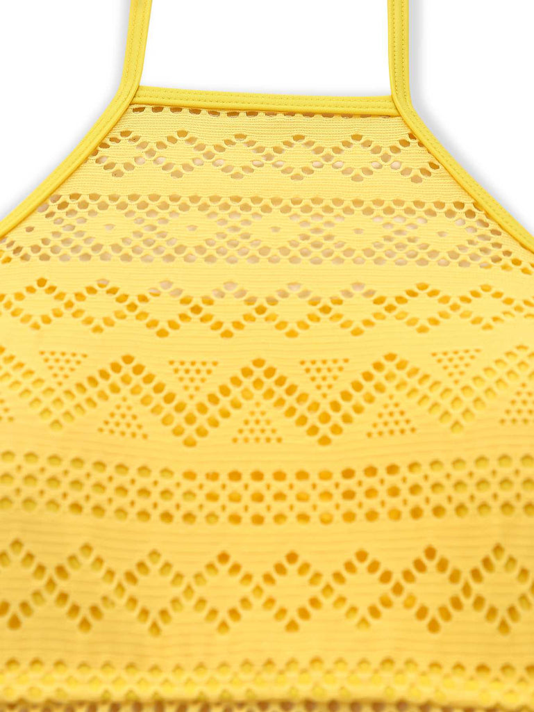 Detailed view of the high-neck bodice showing the semi-sheer geometric diamond lace texture.