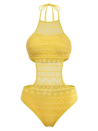 A bright yellow monokini featuring a high-neck halter top, intricate geometric lace overlays, and side cutouts.