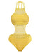 A bright yellow monokini featuring a high-neck halter top, intricate geometric lace overlays, and side cutouts.
