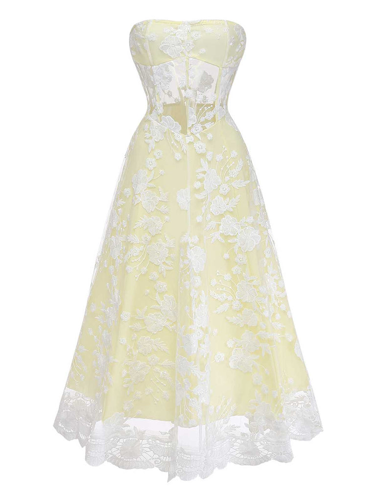 Full front-facing view of the yellow strapless lace dress against a plain white background.