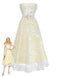 A pale yellow strapless midi dress featuring intricate white floral lace overlays, shown on a mannequin with a styled illustration.
