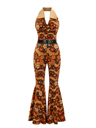 Orange 1970s Floral Print Patchwork Halter Jumpsuit