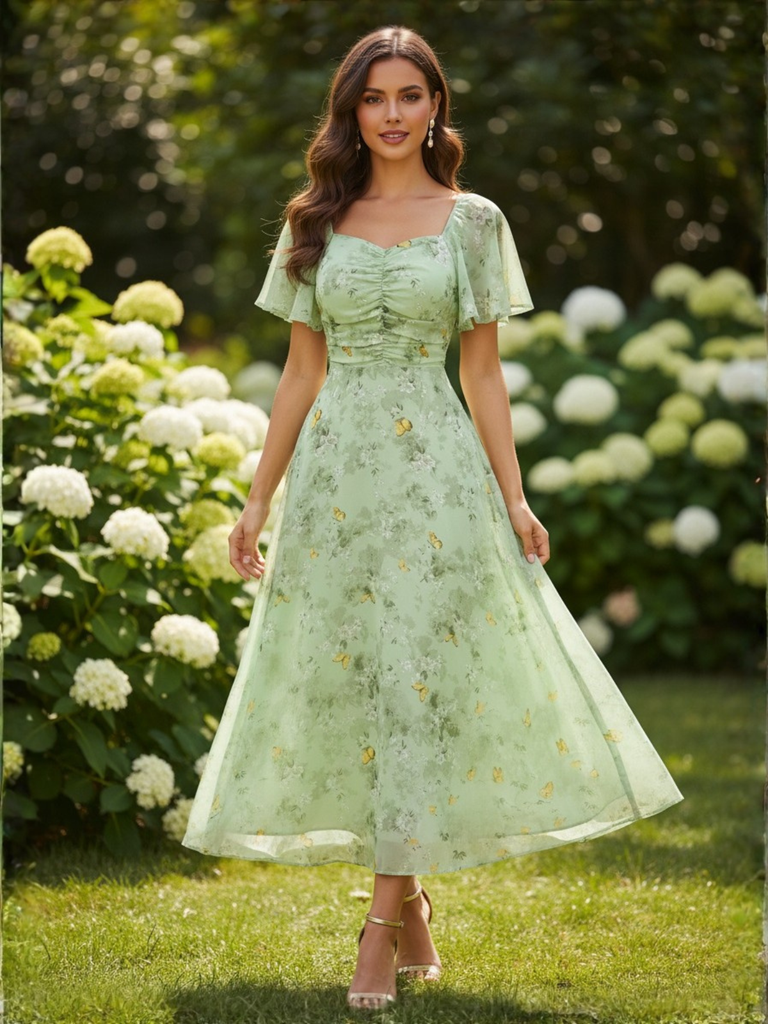 Green 1930s Butterfly Flutter Sleeve Chiffon Dress