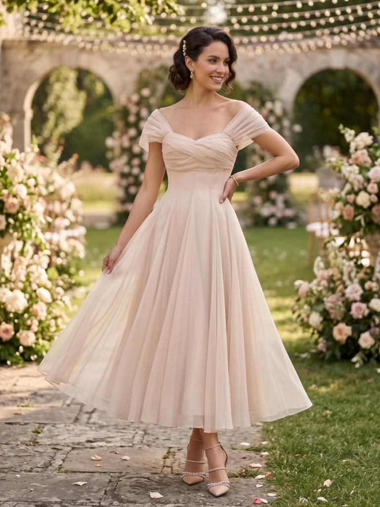 Beige 1930s Sweetheart Neck Cap Sleeve Mesh Fishbone Dress