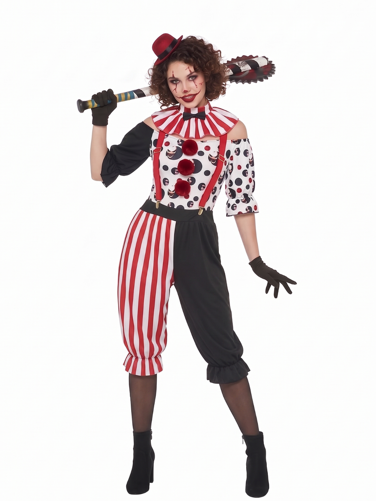 Red 1940s Scary Clown Halloween Cosplay Set