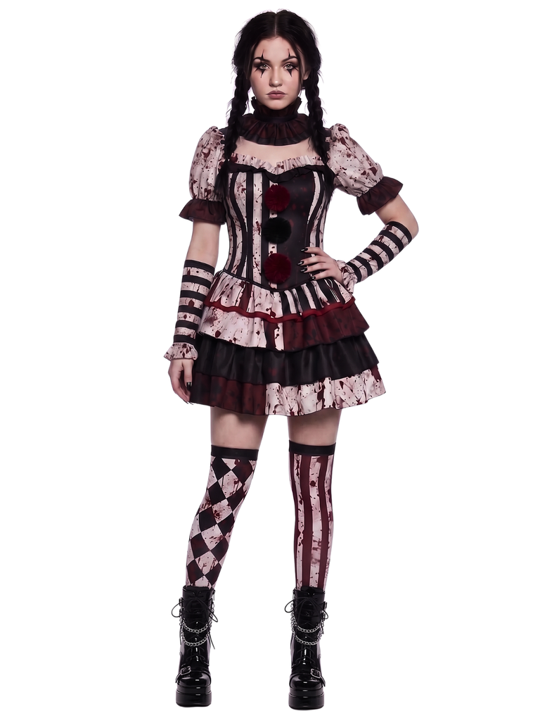 1960s Halloween Blood Tiered Ruffled Clown Costume Set