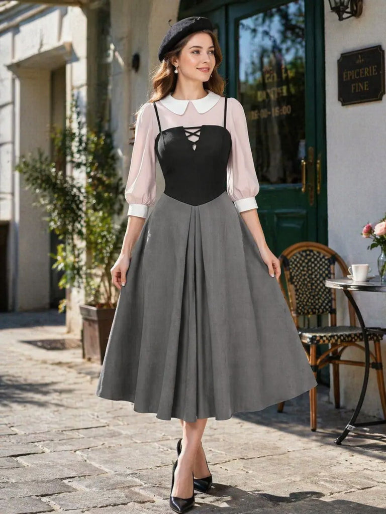 [Pre-Sale] 2PCS 1940s Colorblock Pink Blouse & Gray Dress