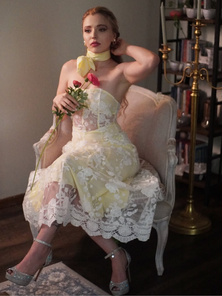 Yellow 1950s Floral Embroidery Lace Sheer Strapless Dress