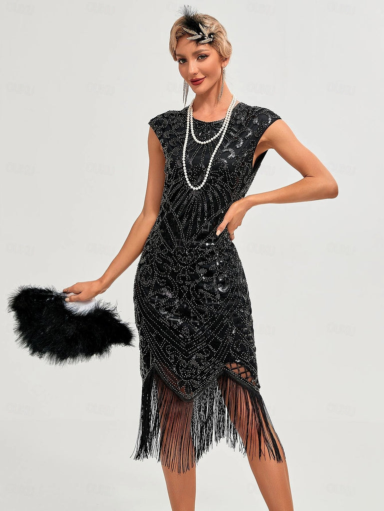 1920s Sequined Fringe Round Neck Cap Sleeve Dress