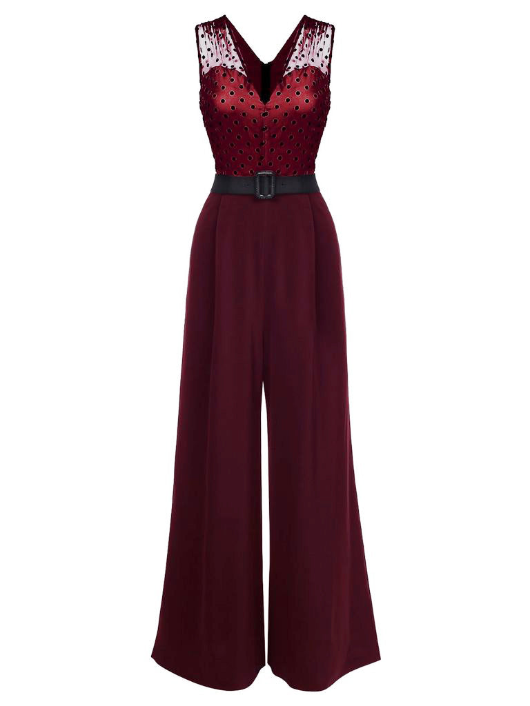 Wine Red 1930s Polka Dot Belt Jumpsuit Retro Stage